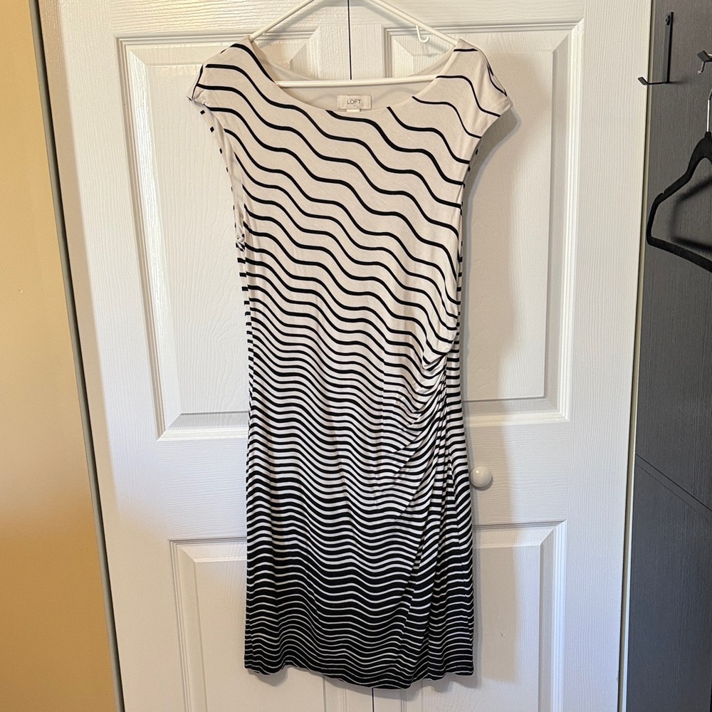LOFT Black & White Wavy Stripe Midi Dress